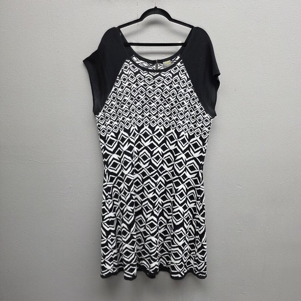 Rebecca Taylor Sweater Dress Womens 3X Black White Geometric Knit Short Sleeve